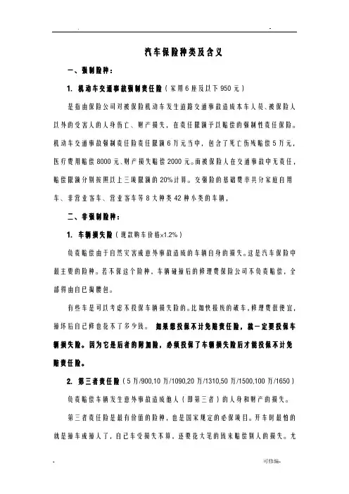 汽车保险种类及含义