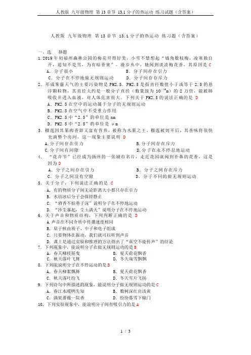 人教版 九年级物理 第13章节 13.1分子的热运动 练习试题(含答案)