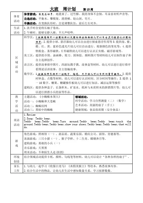 幼儿园周计划第15周