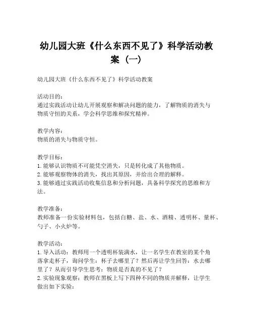 幼儿园大班《什么东西不见了》科学活动教案 (一)