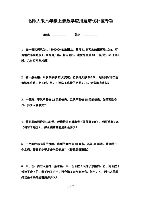 北师大版六年级上册数学应用题培优补差专项