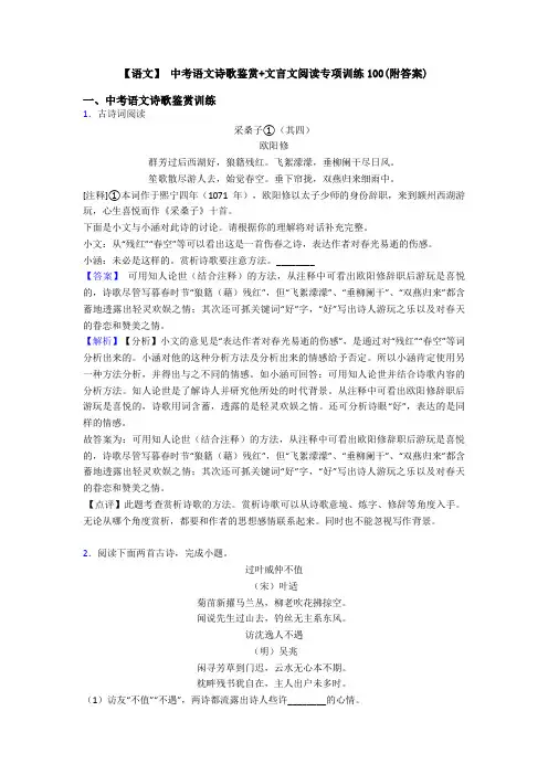 【语文】 中考语文诗歌鉴赏+文言文阅读专项训练100(附答案)