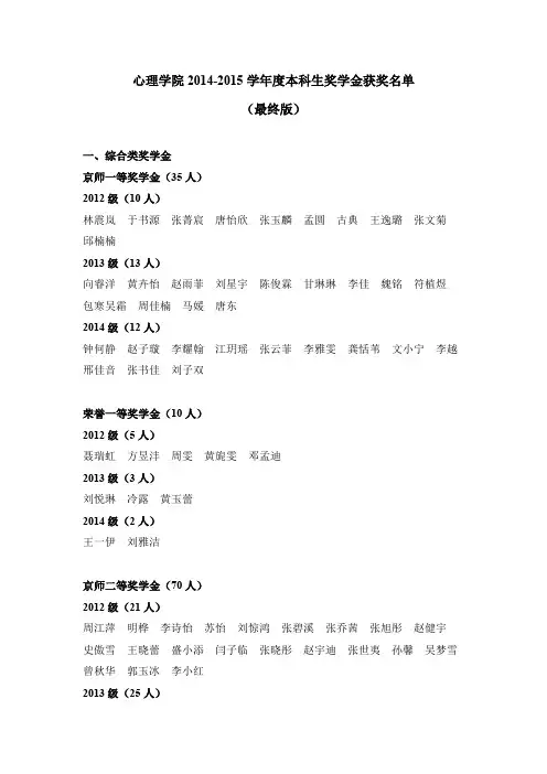 心理学院 2014-2015 学年度本科生奖学金获奖名单 (最终 …