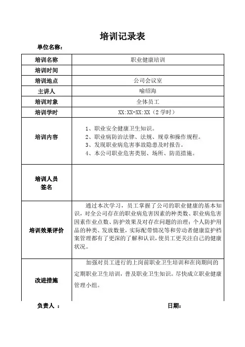 12.3.3 职业健康培训记录表