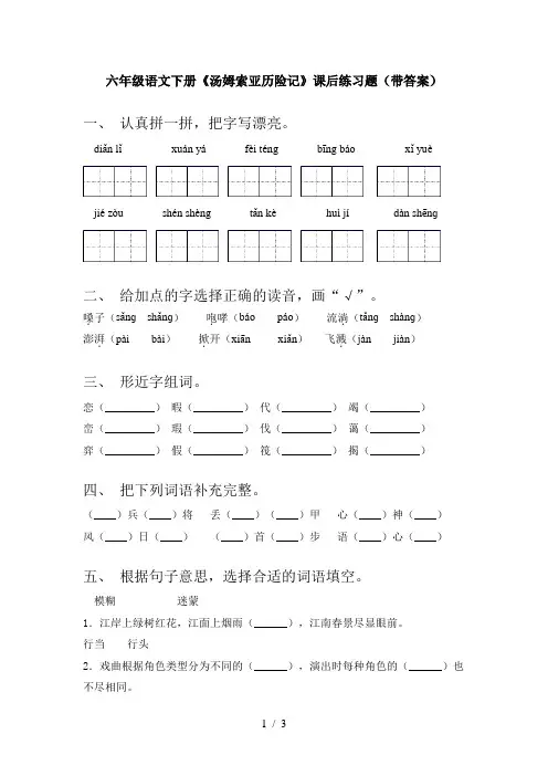 六年级语文下册《汤姆索亚历险记》课后练习题(带答案)