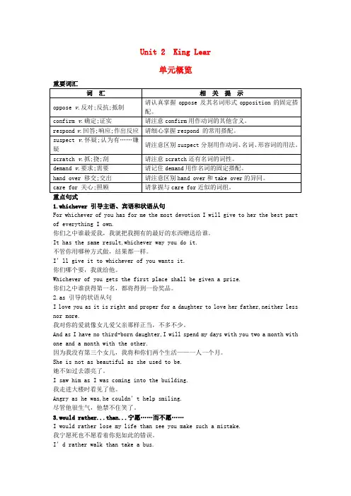 高中英语人教版选修10单元概览Unit2《KingLear》Word版含解析