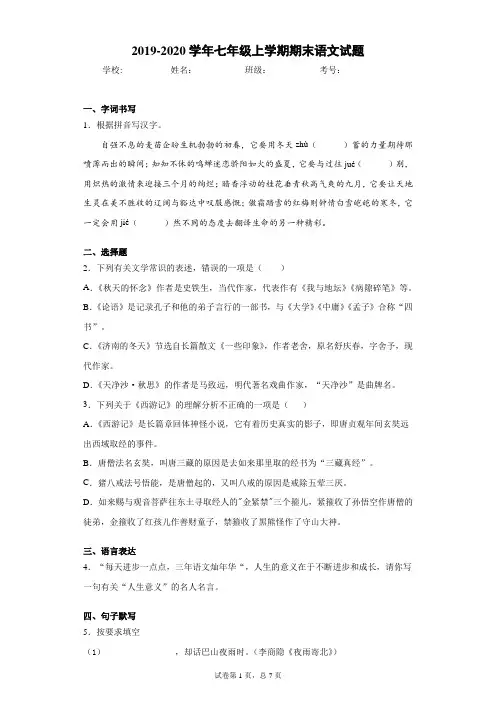 山东省聊城市茌平区2019-2020学年七年级上学期期末语文试题(word版含答案解析)