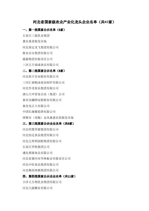 河北省国家级农业产业化龙头企业名单