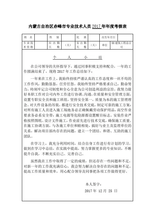 专业技术人员年度考核表(以17年为例)