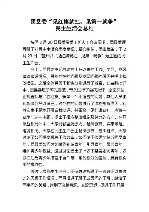 团县委“见红旗就扛、见第一就争”民主生活会总结
