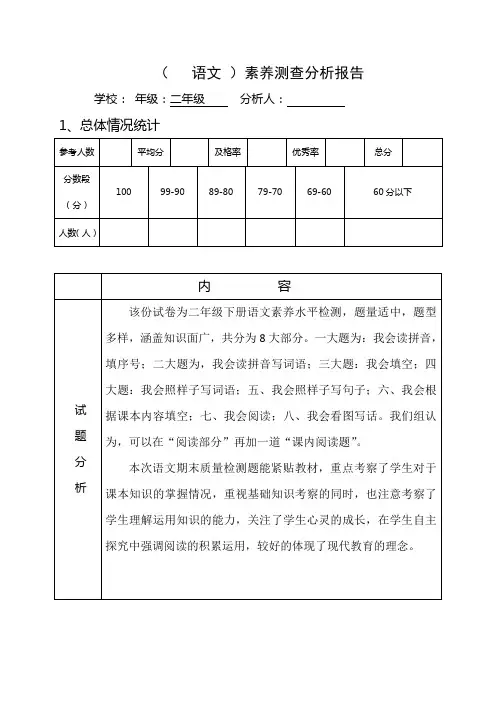二年级下册语文 期末试卷分析