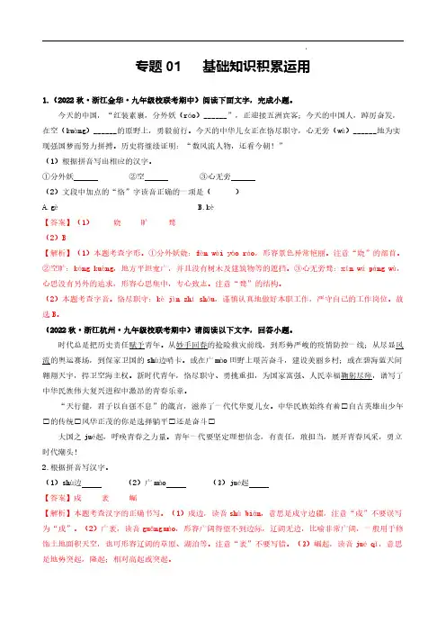  基础知识积累运用(浙江专用)(解析版)-备战2023-2024学年九年级语文上学期期中真题分类汇编