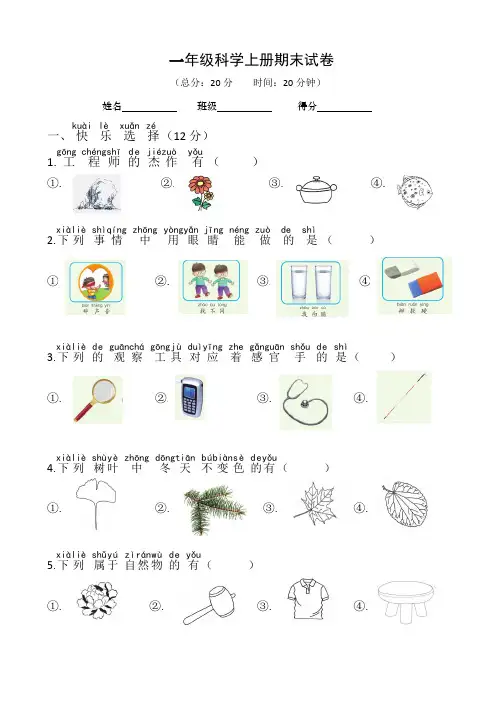 苏教版一年级上册科学期末测试卷(含答案)