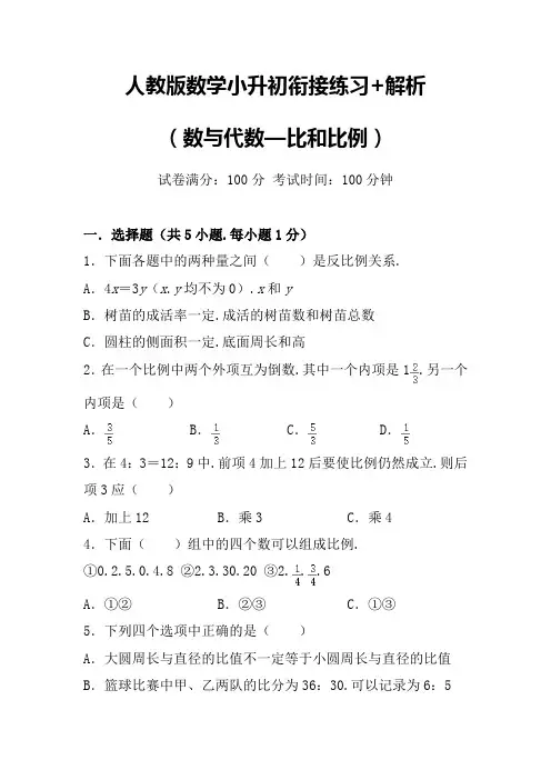人教版数学小升初衔接练习+解析(数与代数—比和比例)