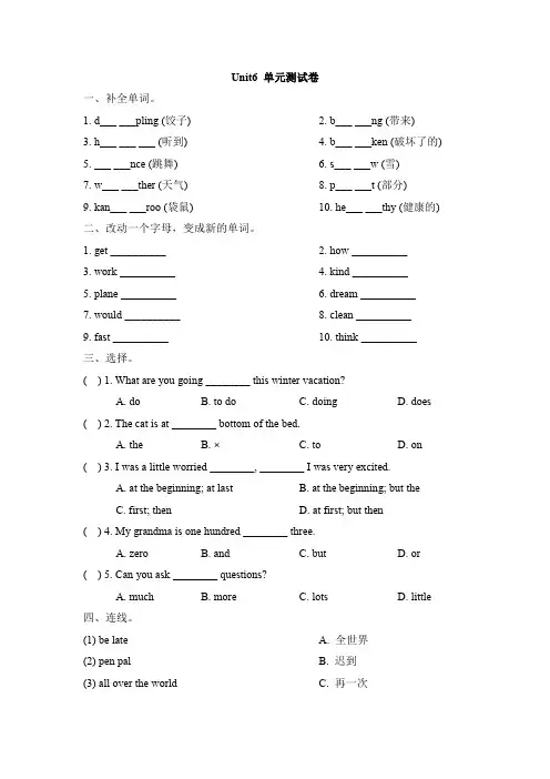 人教版(新起点)英语六年级上Unit 6《Winter Vacation》单元测试卷