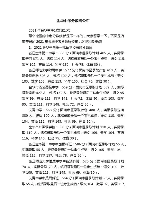 金华中考分数线公布
