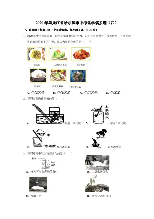 2020年黑龙江省哈尔滨市中考化学模拟题(四)(解析版)