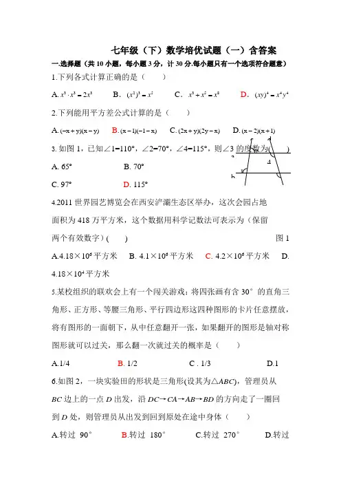 七年级(下)数学培优试题(一)含答案