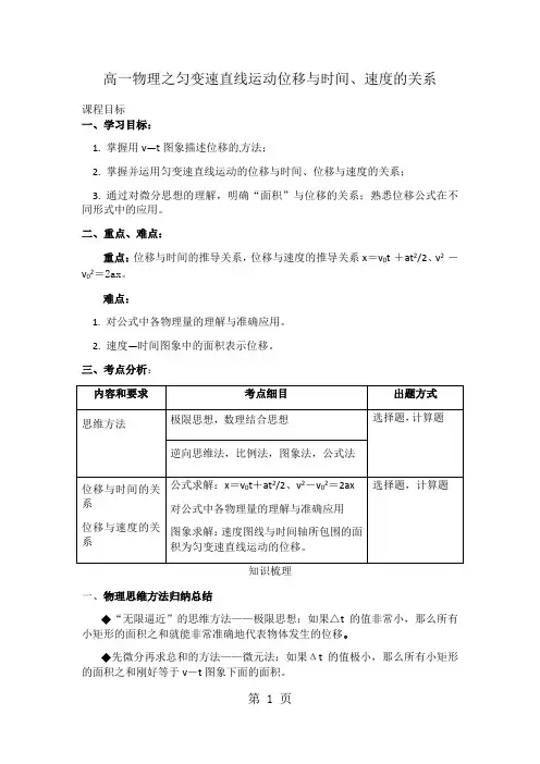 高一物理之匀变速直线运动位移与时间、速度的关系