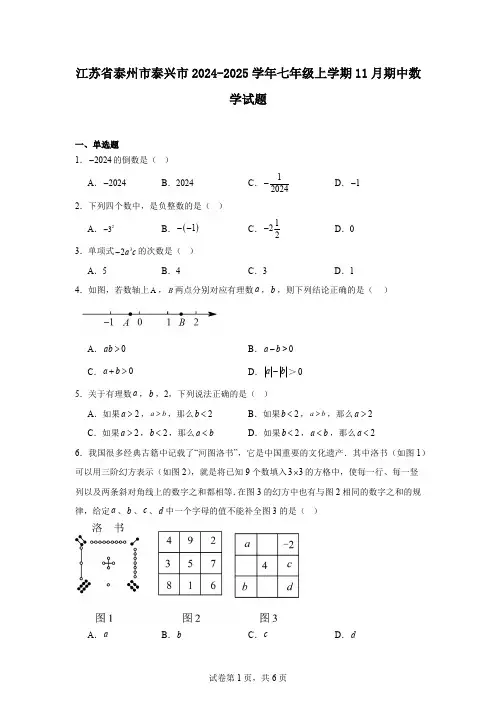 江苏省泰州市泰兴市2024-2025学年七年级上学期11月期中数学试题