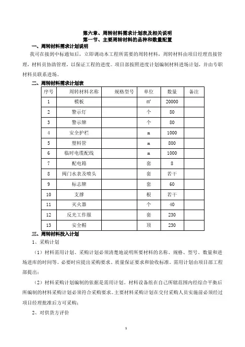 周转材料需求计划表及相关说明(投标阶段)