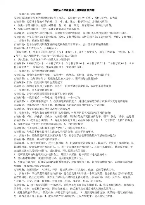 冀教版六年级科学上册实验报告内容