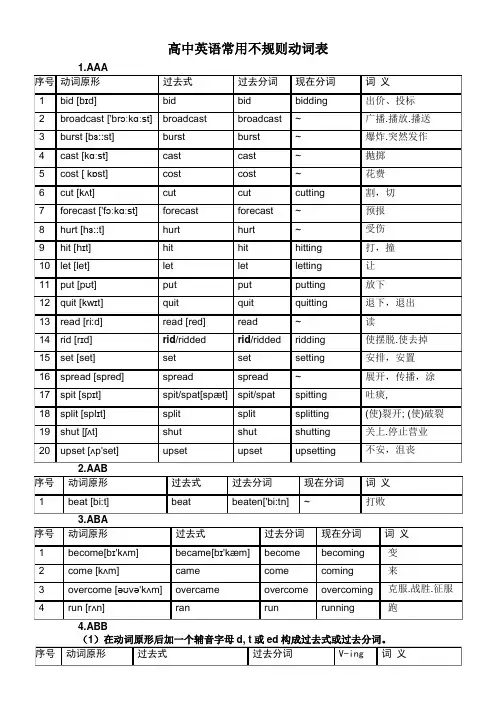 最新高中英语常用不规则动词表