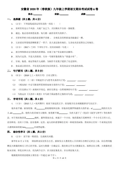 安徽省2020年(春秋版)九年级上学期语文期末考试试卷A卷(精编)