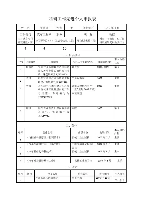 科研工作先进个人申报表