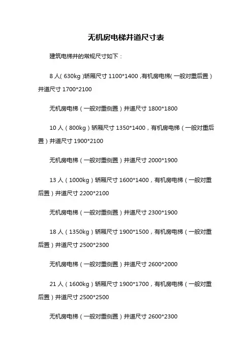 无机房电梯井道尺寸表