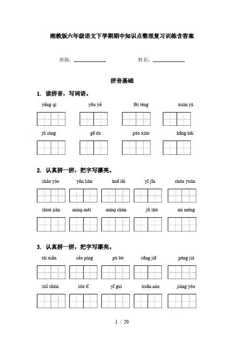湘教版六年级语文下学期期中知识点整理复习训练含答案