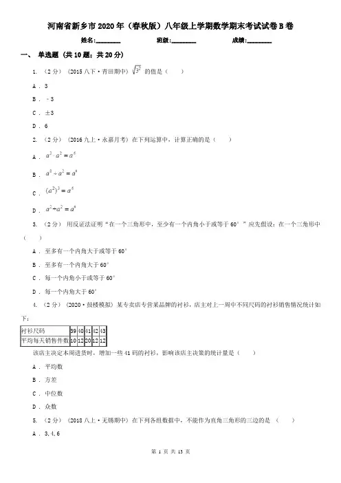 河南省新乡市2020年(春秋版)八年级上学期数学期末考试试卷B卷