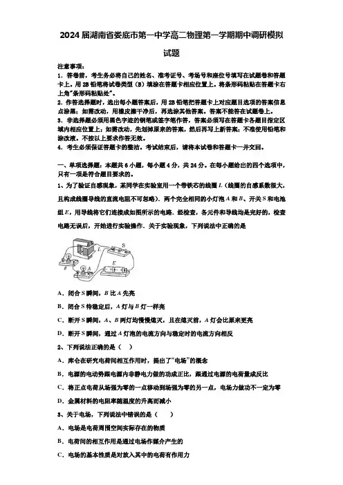 2024届湖南省娄底市第一中学高二物理第一学期期中调研模拟试题含解析