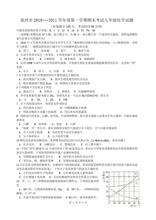 2010---2011徐州市初三化学第一学期期末抽测及答案