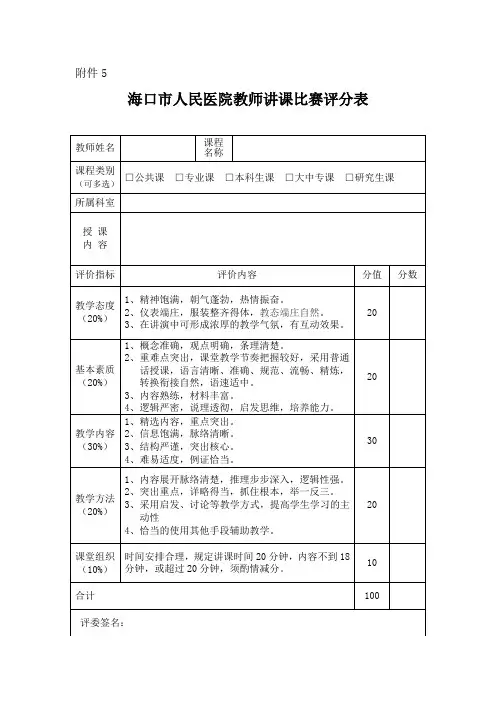 海口市人民医院教师讲课比赛评分表