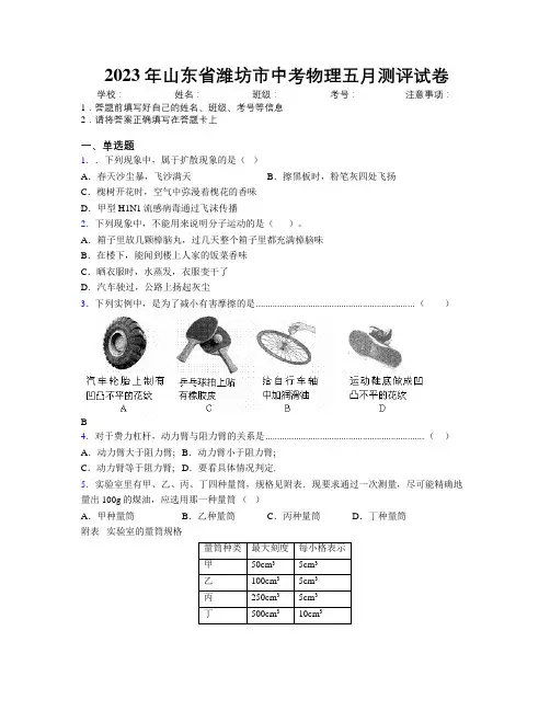 2023年山东省潍坊市中考物理五月测评试卷及解析