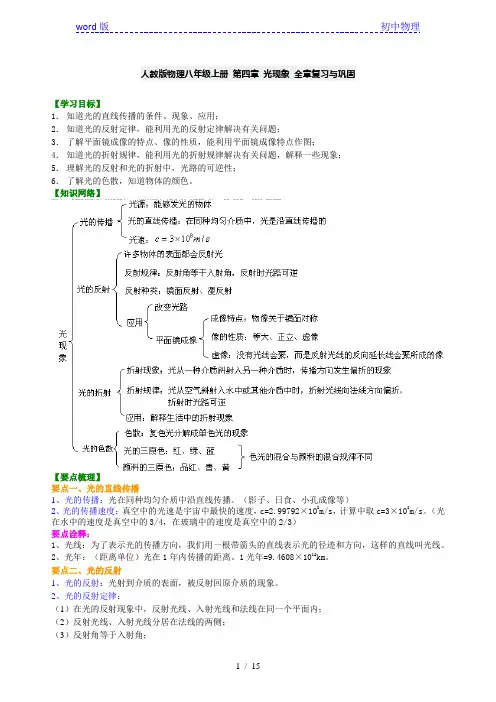 人教版物理八年级上册 第四章 光现象 全章复习与巩固 复习学案