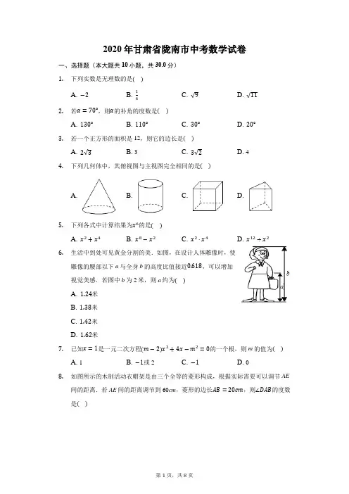 2020年甘肃省陇南市中考数学试卷-学生用卷
