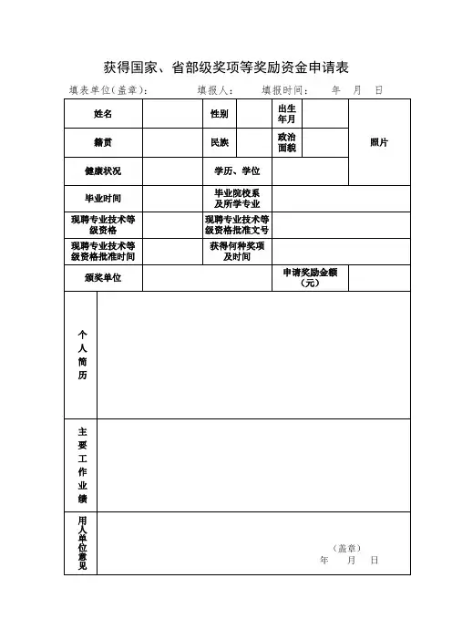 获得国家、省部级奖项等奖励资金申请表