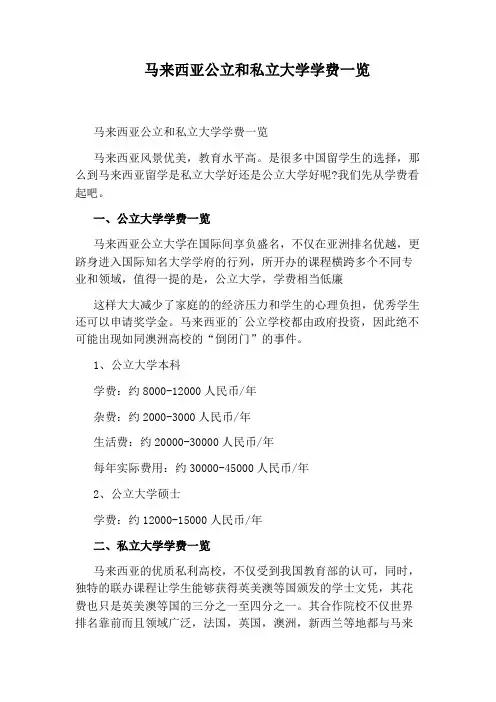 马来西亚公立和私立大学学费一览