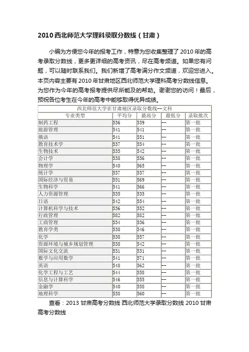 2010西北师范大学理科录取分数线（甘肃）