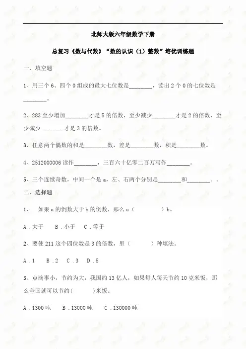 六年级数学下册总复习《数与代数》“数的认识(1)整数”培优训练题     北师大版