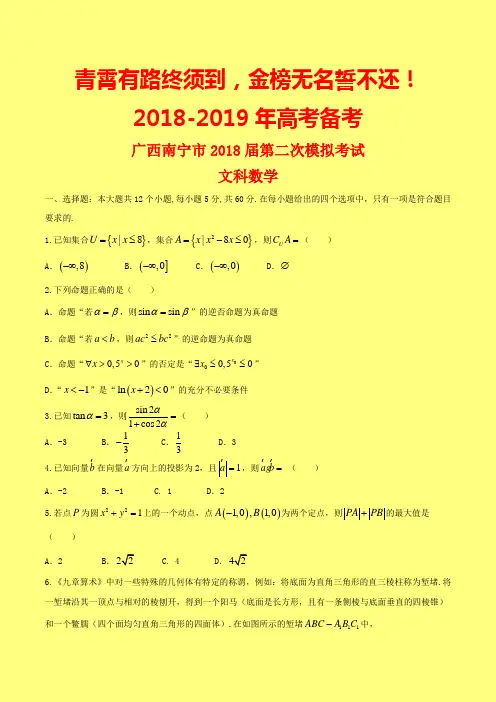 2018-2019年广西南宁市二模：南宁市2018届高三第二次模拟考试数学(文)试题-附答案精品