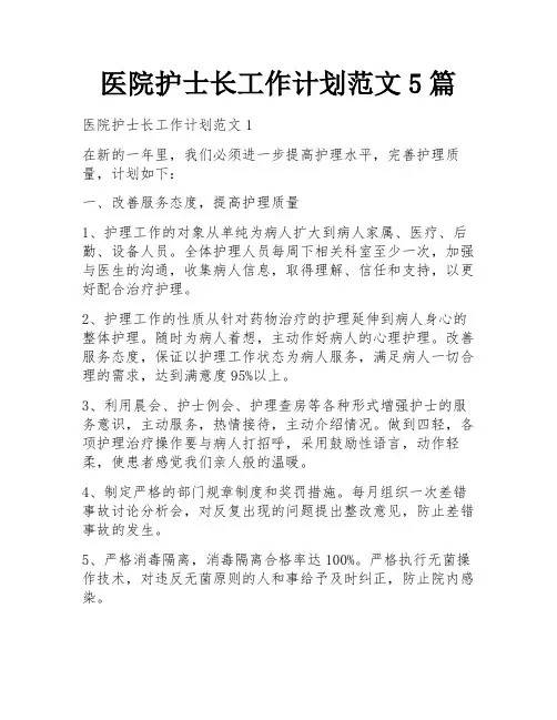 医院护士长工作计划范文5篇