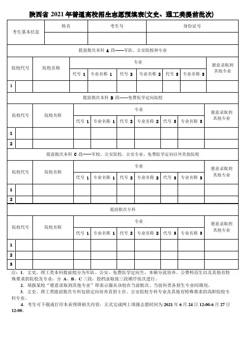 2021陕西省高校招生志愿填报表样本