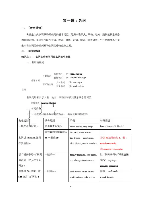 2021小升初英语总复习第一讲名词知识点讲解+练习