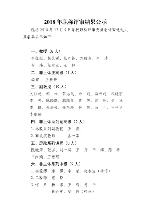 2018年职称评审结果公示