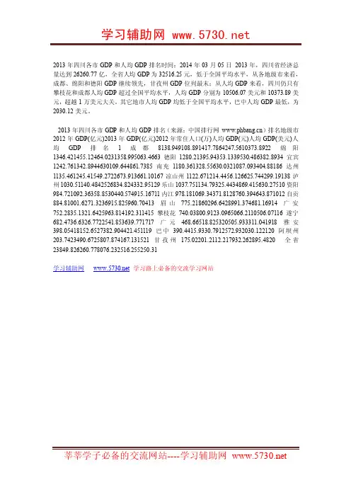 2013年四川各市GDP和人均GDP排名