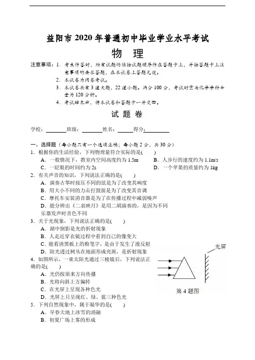 2020年湖南省益阳市中考物理试题(Word版,含答案)
