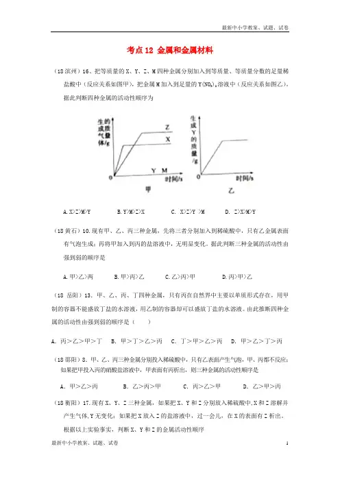 2018年中考化学真题分类汇编2我们身边的物质考点12金属和金属材料1金属活动性顺序1判断活动性无答案